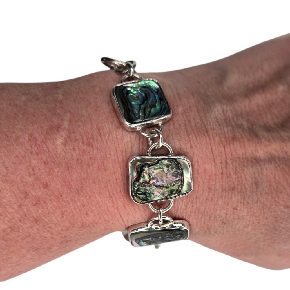 Heavy 925 Sterling Silver Abalone Shell Link Bracelet Artisan Paua Toggle Clasp